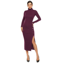 Load image into Gallery viewer, Liva girl 2019 autumn and winter new women's round neck long-sleeved sexy split Slim bag hip dress
