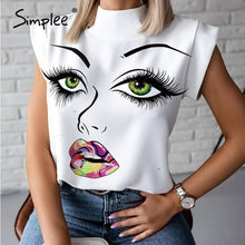 Load image into Gallery viewer, Simplee Personalized cartoon printed women's top Sleeveless stand collar high street top Fashion T-shirt spring and summer 2020

